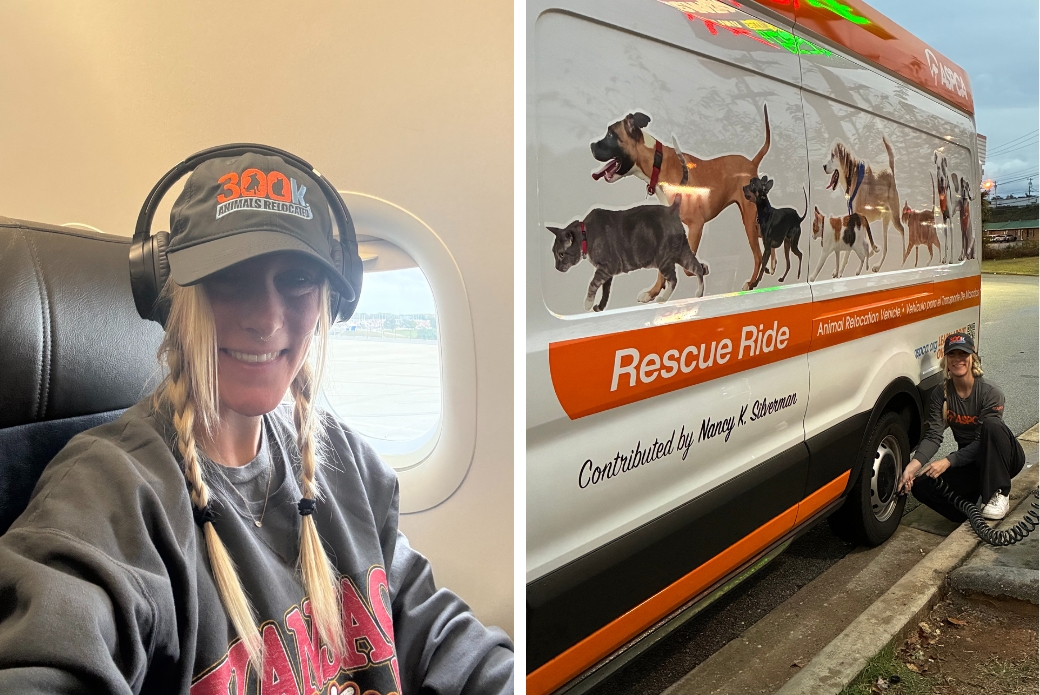 Left, Haley on her flight to Tennessee. Right, Haley conducting a Pre-transport Vehicle Inspection.