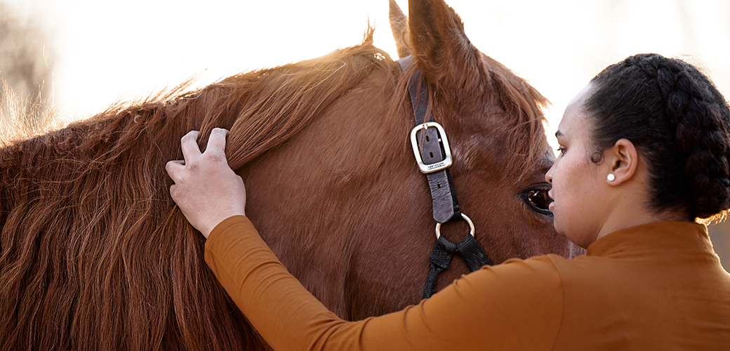 woman with braided hair and an orange-brown shirt in front of a brown horses head