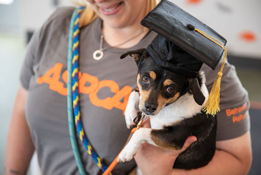 Sissy being held by a BRC staff member at her graduation