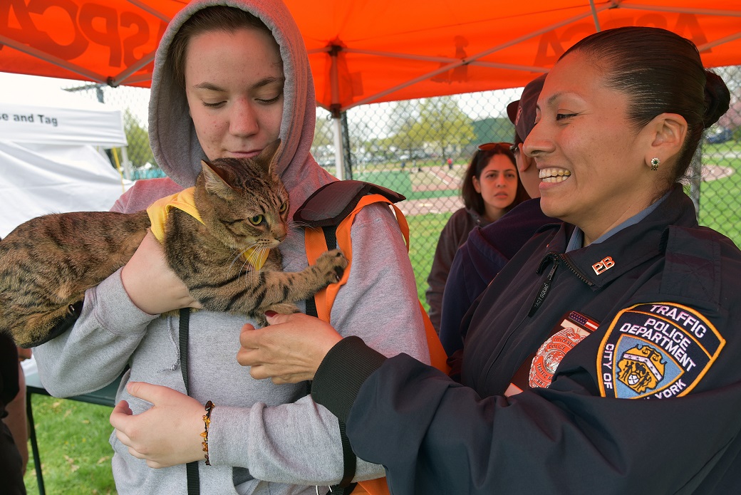 NYPD Traffic Officer Carmen Pena, right, with Sarah Ritchie and her cat, Marty.