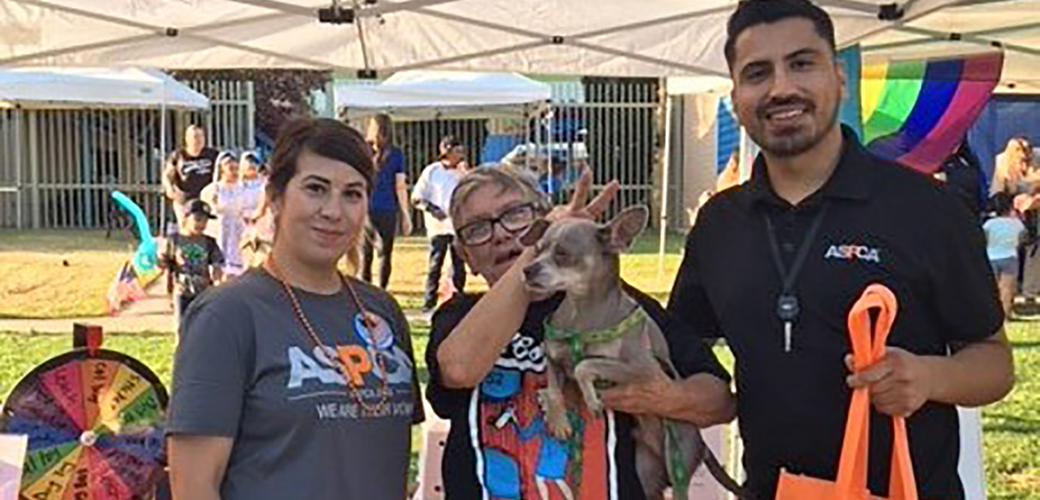 Susan Villa, Miguel Torres with Cindy Birchell and her dog