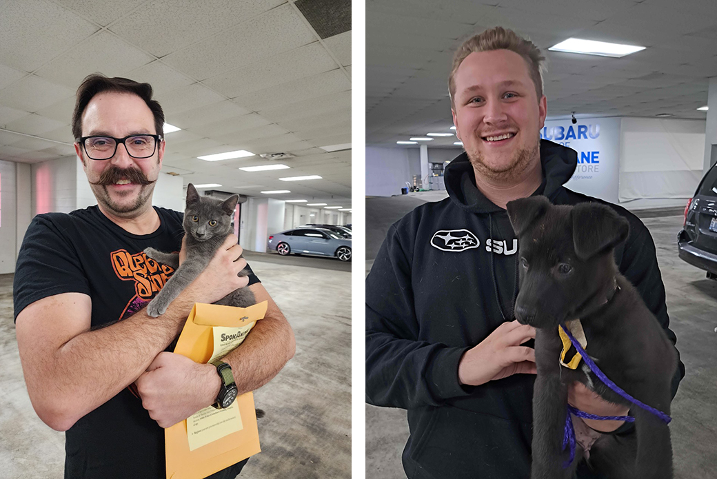 (left) Lentle, now named Sharky, was adopted at an event co-hosted by SpokAnimal CARE and Subaru of Spokane in Spokane, Washington; (right) Michael, an employee of Subaru of Spokane, holding adoptable Margo at their event. 