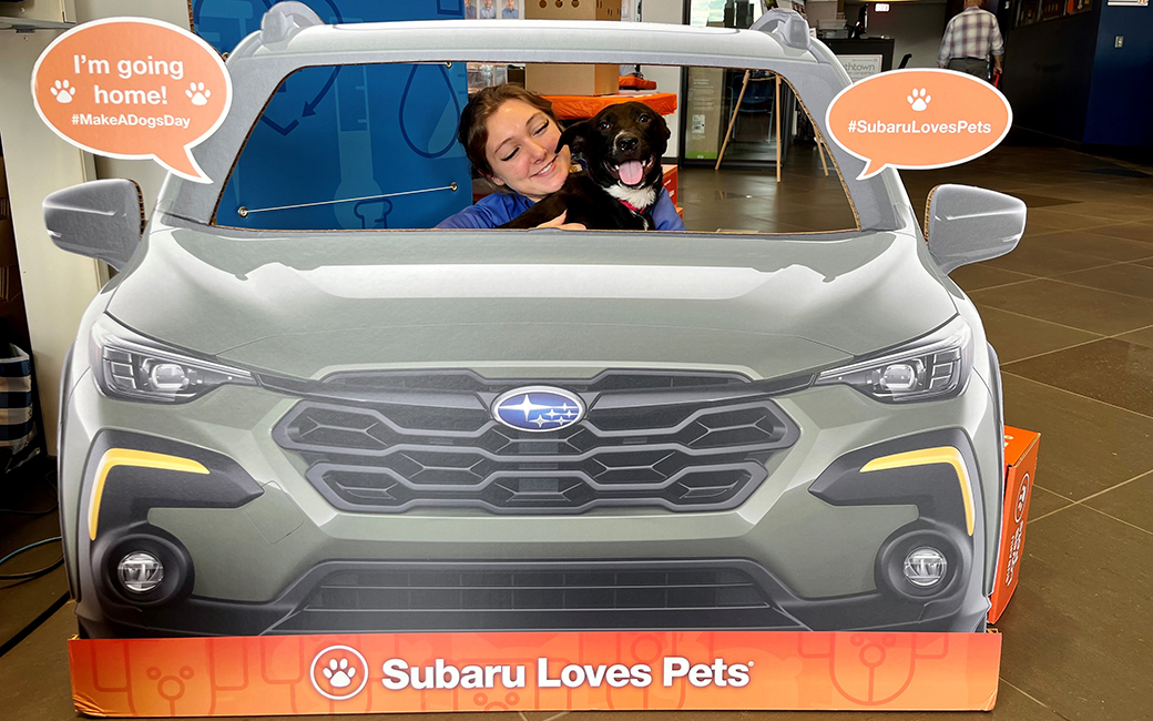 A woman with a black dog in a Subaru Share the Love event cut out