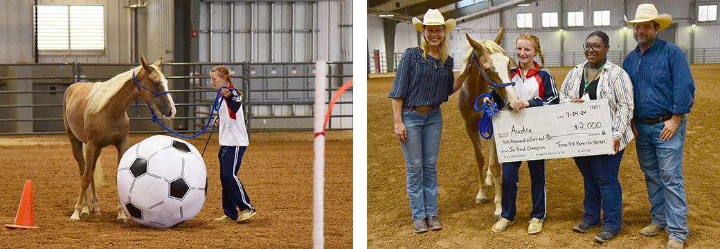 L to R: Audra and Dorito during their performance; the duo with Amanda Stevens, equine trainer for HSNT; ZaJria Bradshaw, Homes for Horses graduate lead at Texas A&M; and Steve Stevens, Director of equine and livestock for HSNT.