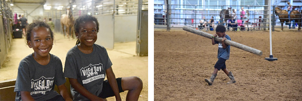 From left: Ari and August were on hand to support their sisters; right, Ari places a prop in the show ring.