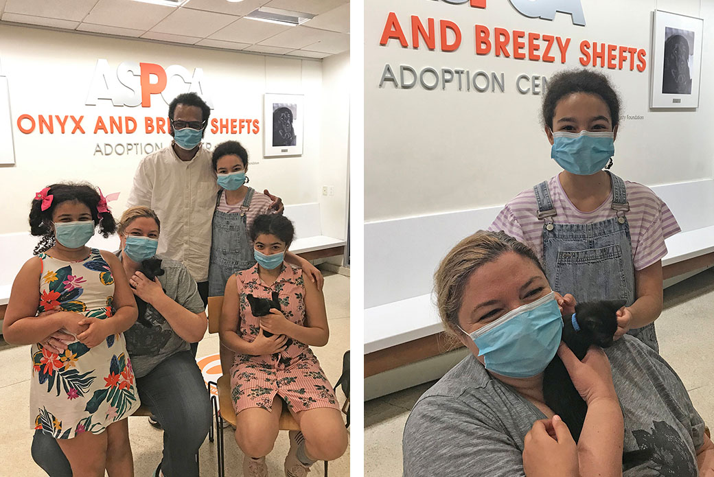 Eleni and her daughters, with Pedro and two kittens