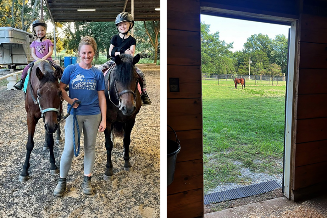 Brittany with her children on horses (left), Gramps' pasture (right)