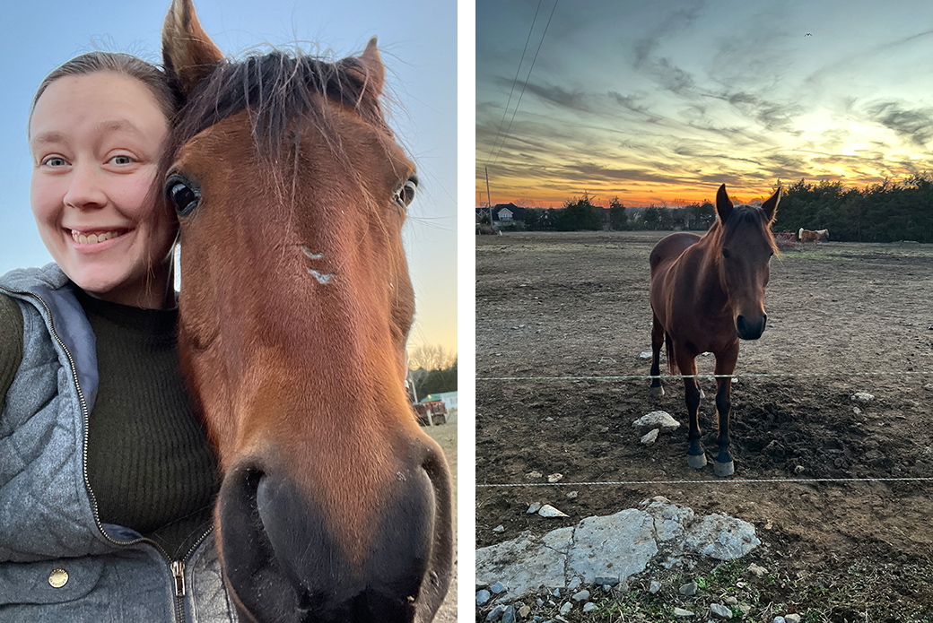 Theo and Brianne (left), Theo in a pasture (right)