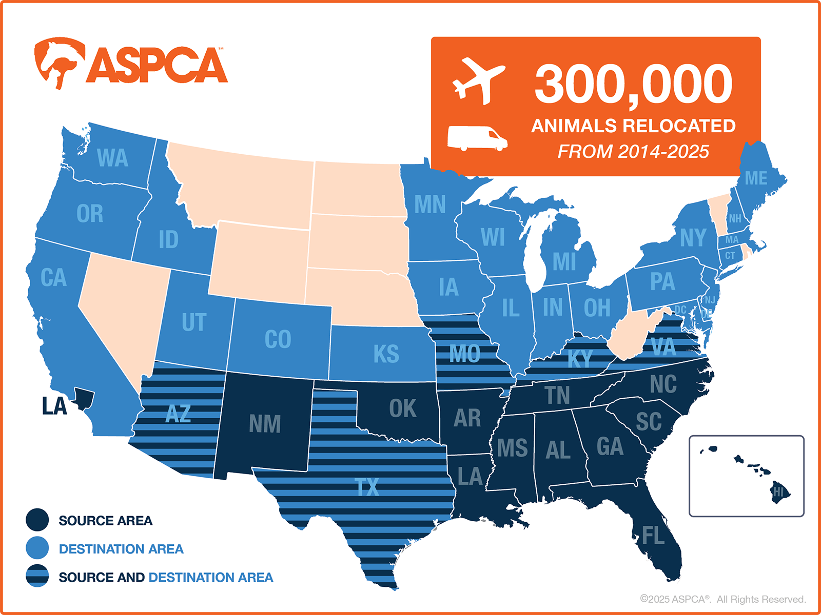 US map of animals relocated from 2014 - 2025